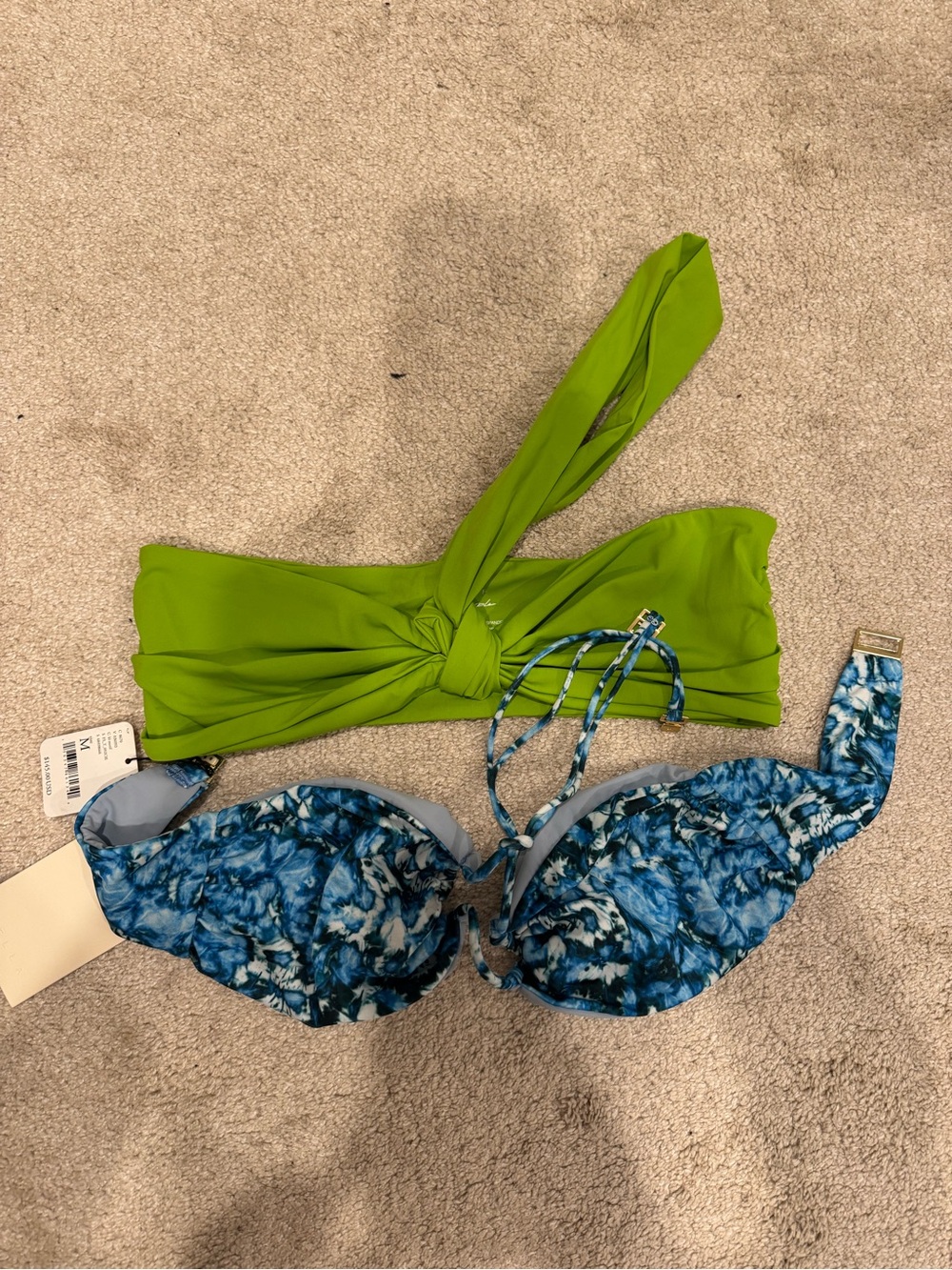 Free People Green Bandeau and Blue Patterned Bikini Top - Women
